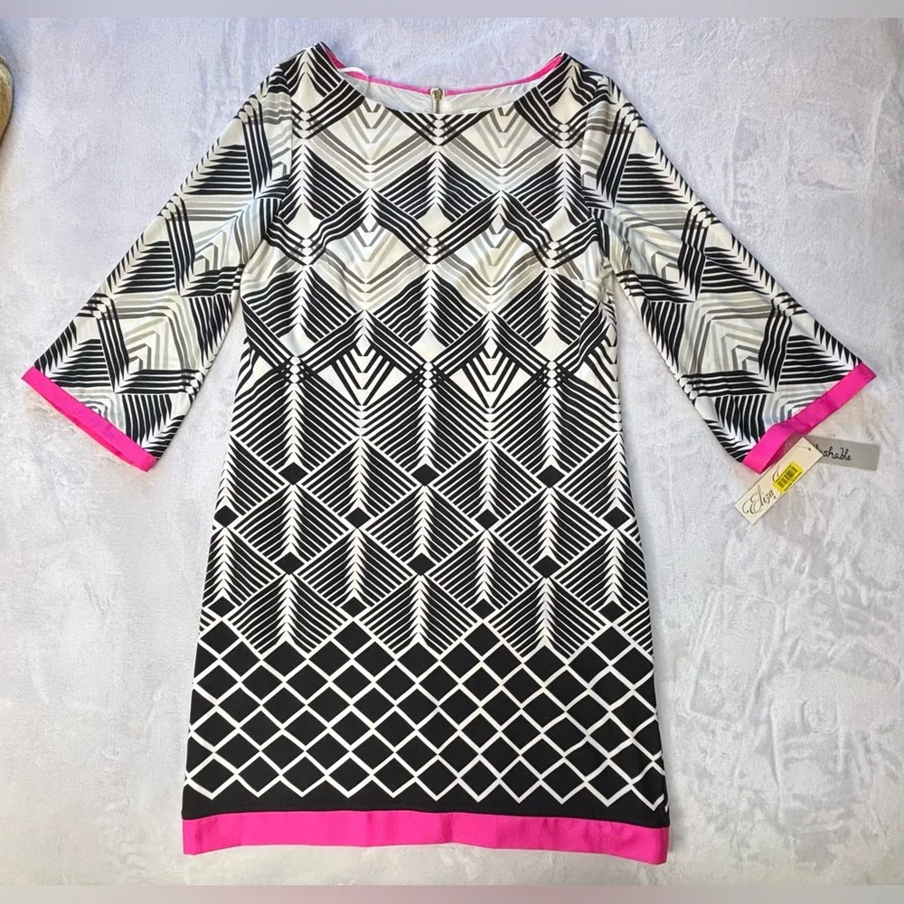 2590 - Eliza J Black and White Geometric Dress with Pink Trim NWT SIZE 8 - Picture 9 of 14